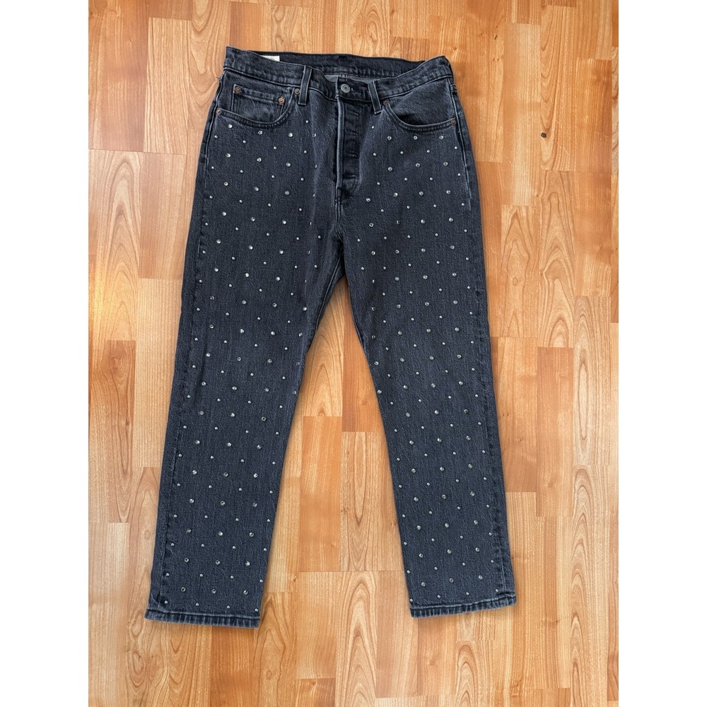 Levi's Premium 501 Womens 28x26 Gray‎ Diamond Studded Denim Cropped Straight Leg